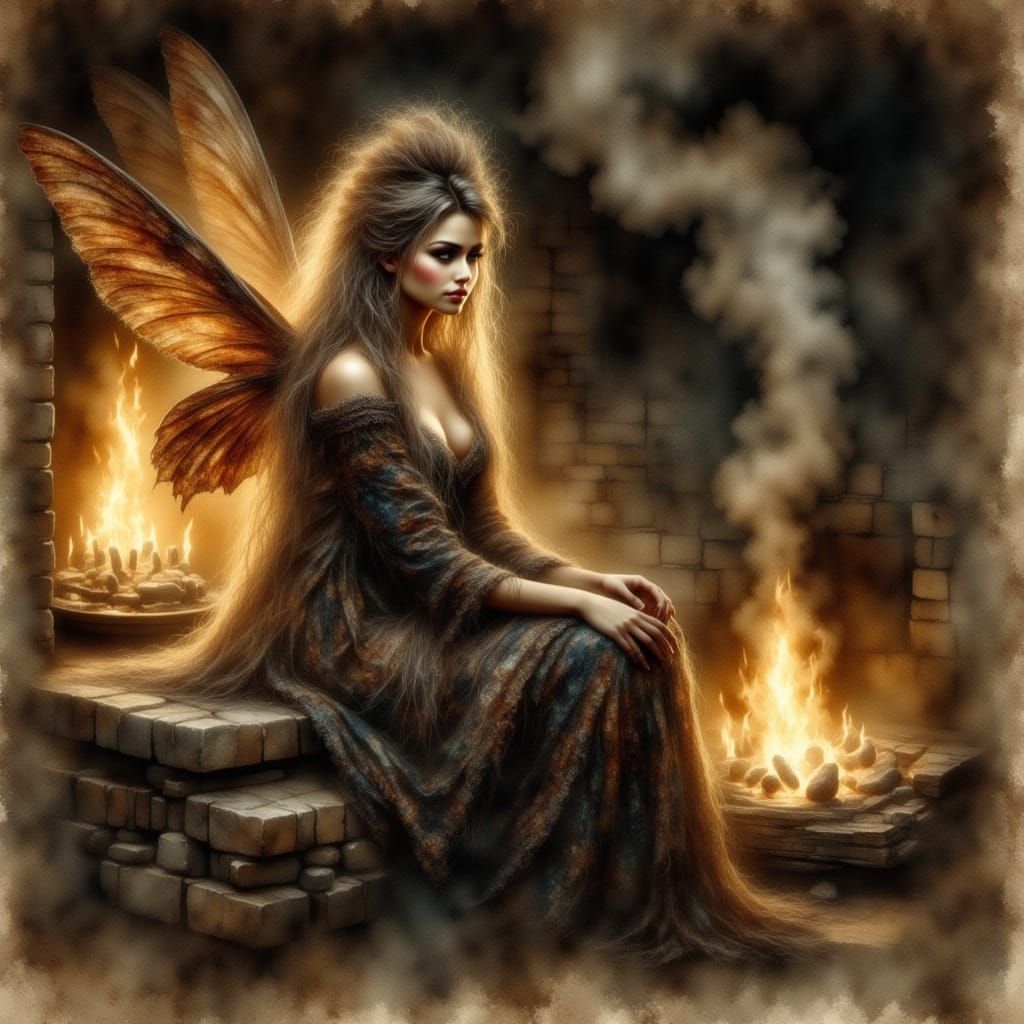 Ember Fairy in Stone Hearth: Painterly Antique Watercolor