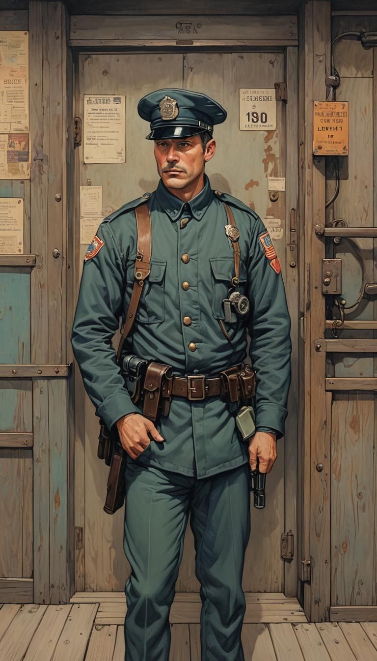 Jaded Jailer Guarding Cell in Woodblock Style