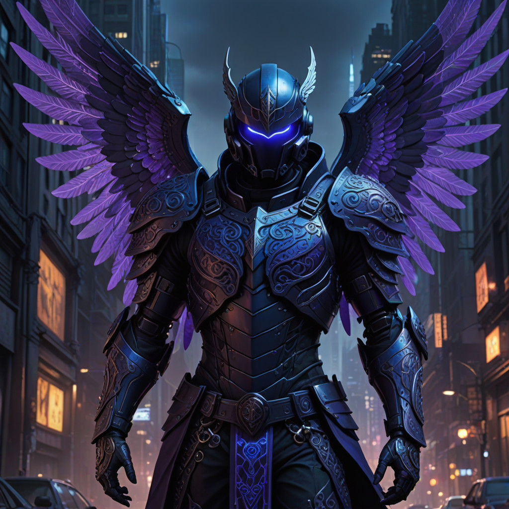 Cybergoth Guardian Angel Michael in Dark Cityscape