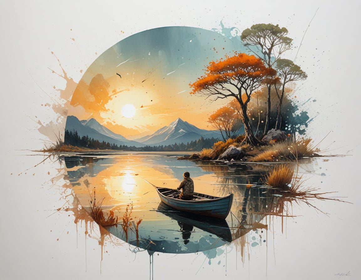 Dreamlike Lakeside Sunrise with Solitary Figure