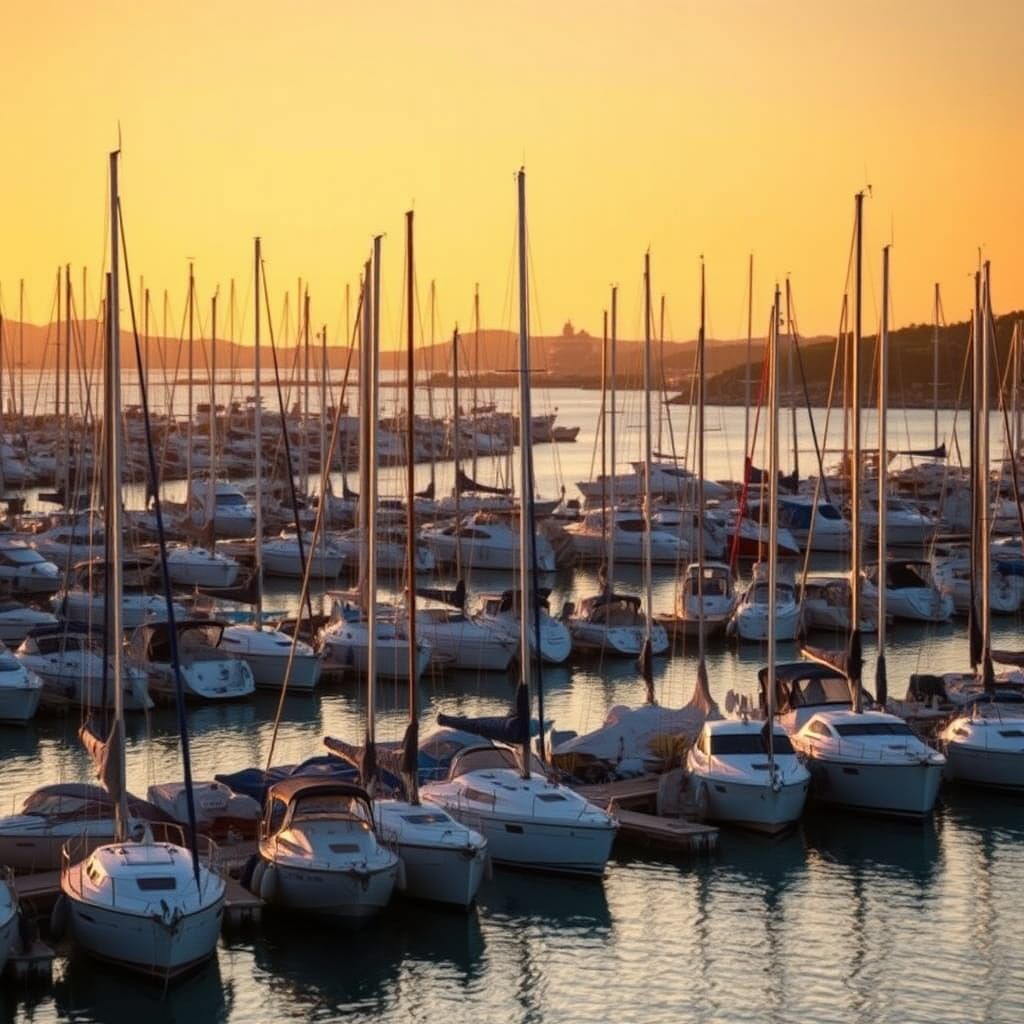 Sunset Harbor with Sailboats, Natural Lighting