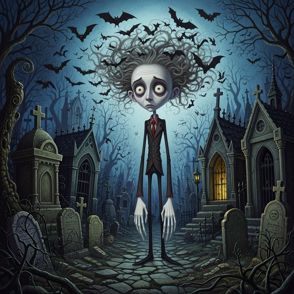 Whimsical Spooky Ghoul in Detailed Burton-esque Cemetery