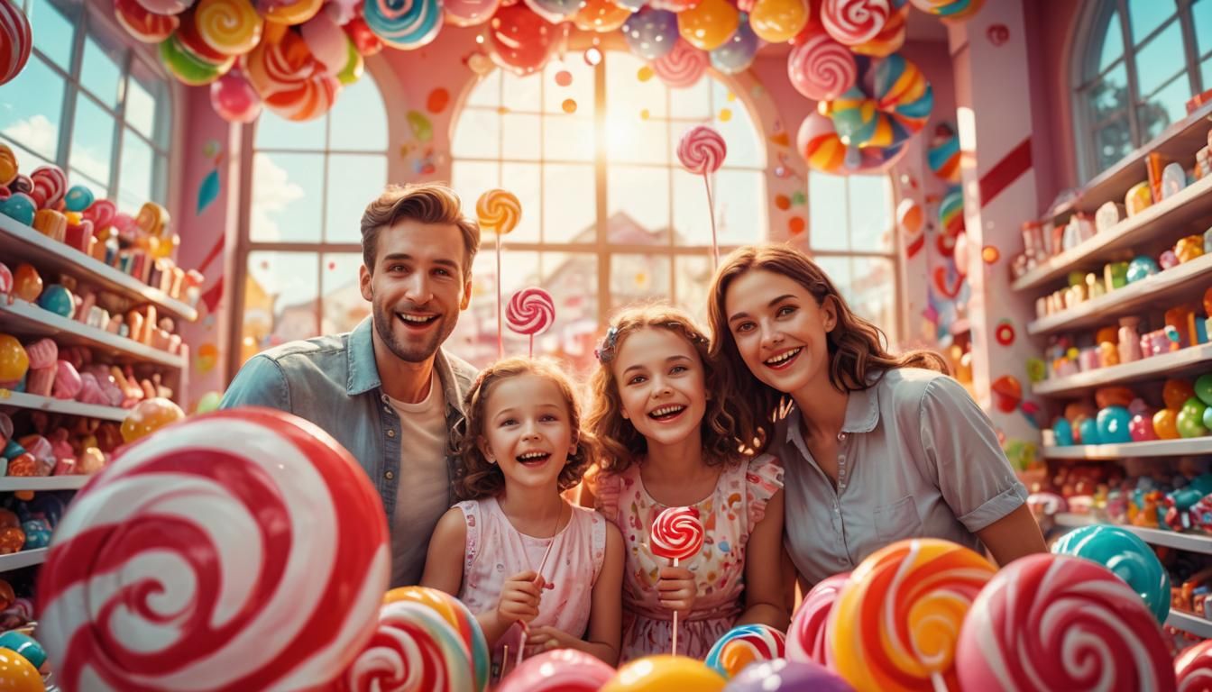 Happy Family in Giant Candy Shop: Pop Art Style