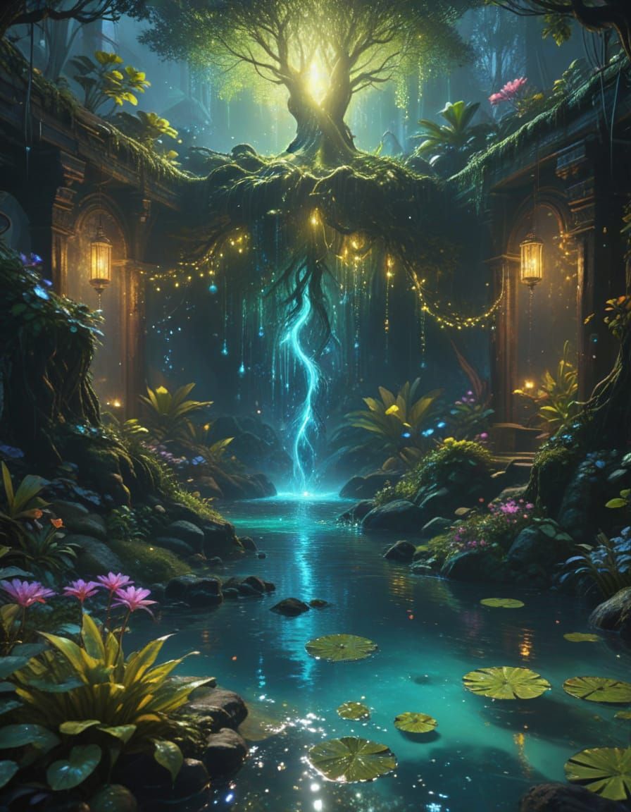 Ethereal Water Tree of Wonder in Neon Fantasy Shrine
