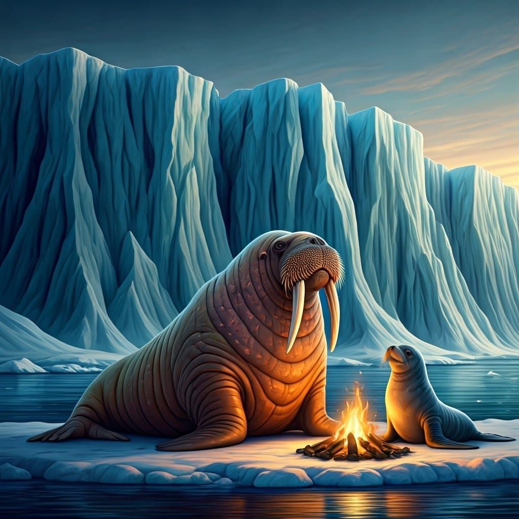 Walrus and Sea Lion Sit Together by a Warm Fire in a Glacier...