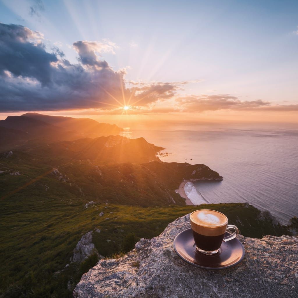 Peaceful Sunset Over Mountains and Sea with Coffee