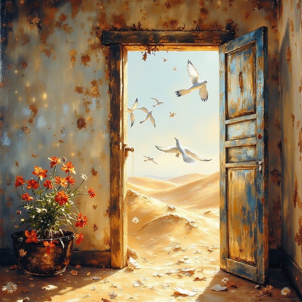 <lora:Exquisite Flux:1.0> View of birds flying into a dilapi...