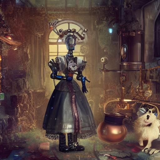 Clockwork Maid and Steampunk Dog: Detailed Digital Art