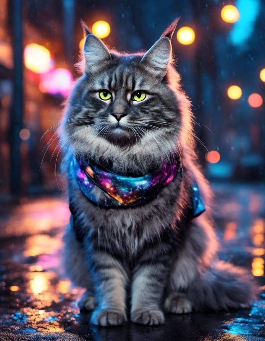 Siberian Cat on Wet Street at Night