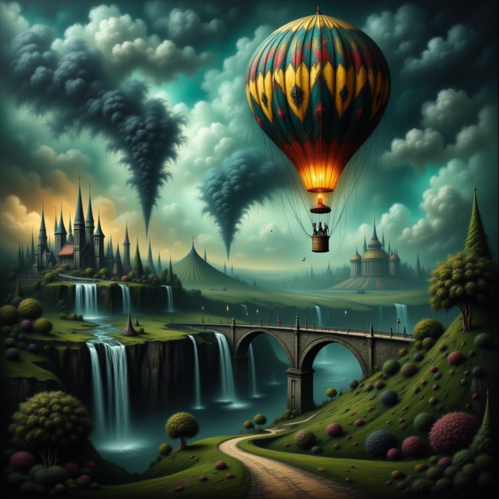 Hot Air Balloon Navigates Stormy Fantasy Sky