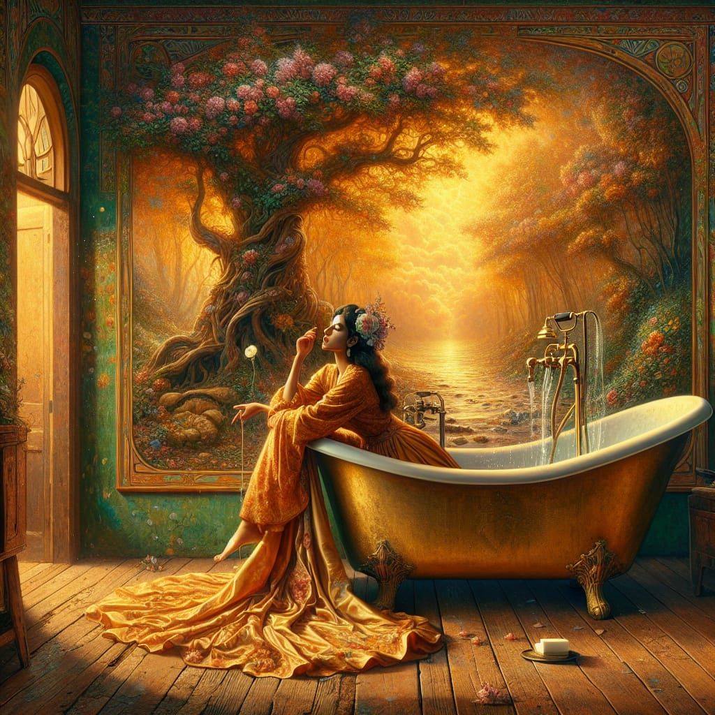 Victorian Woman in Golden Tub with Art Nouveau Lighting