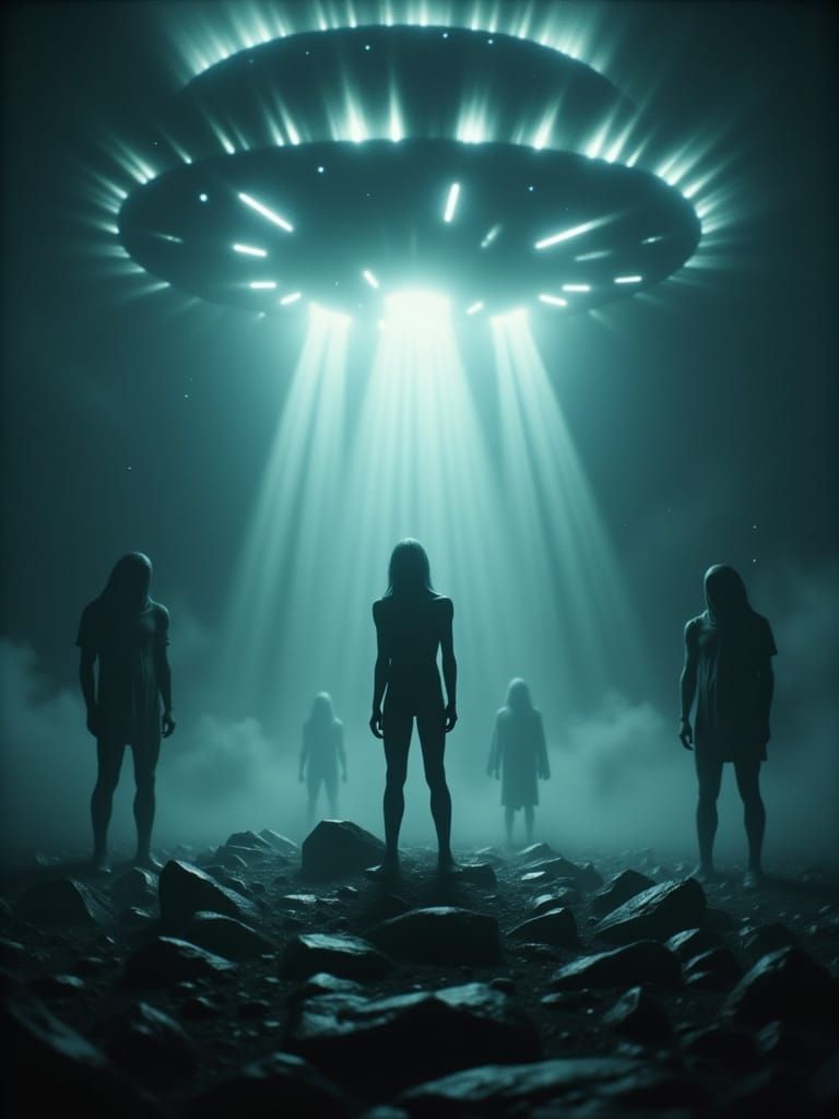 Alien Silhouettes Under UFO in Atmospheric Sci-Fi Scene