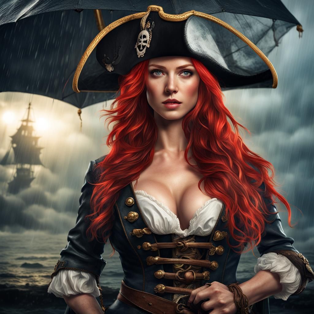 Majestic Red-Haired Pirate Woman in the Rain