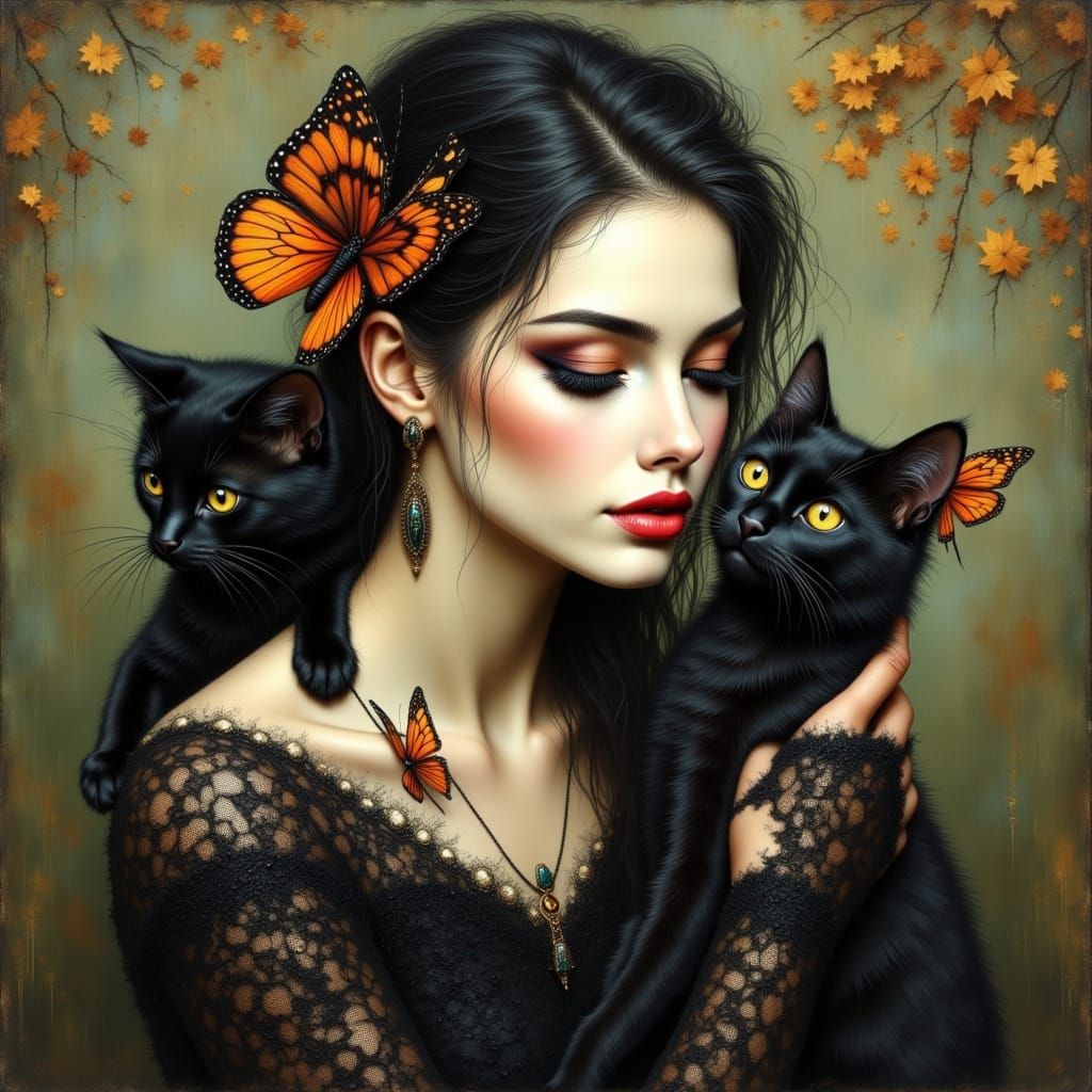 Gothic Portrait of Woman with Cat and Butterflies