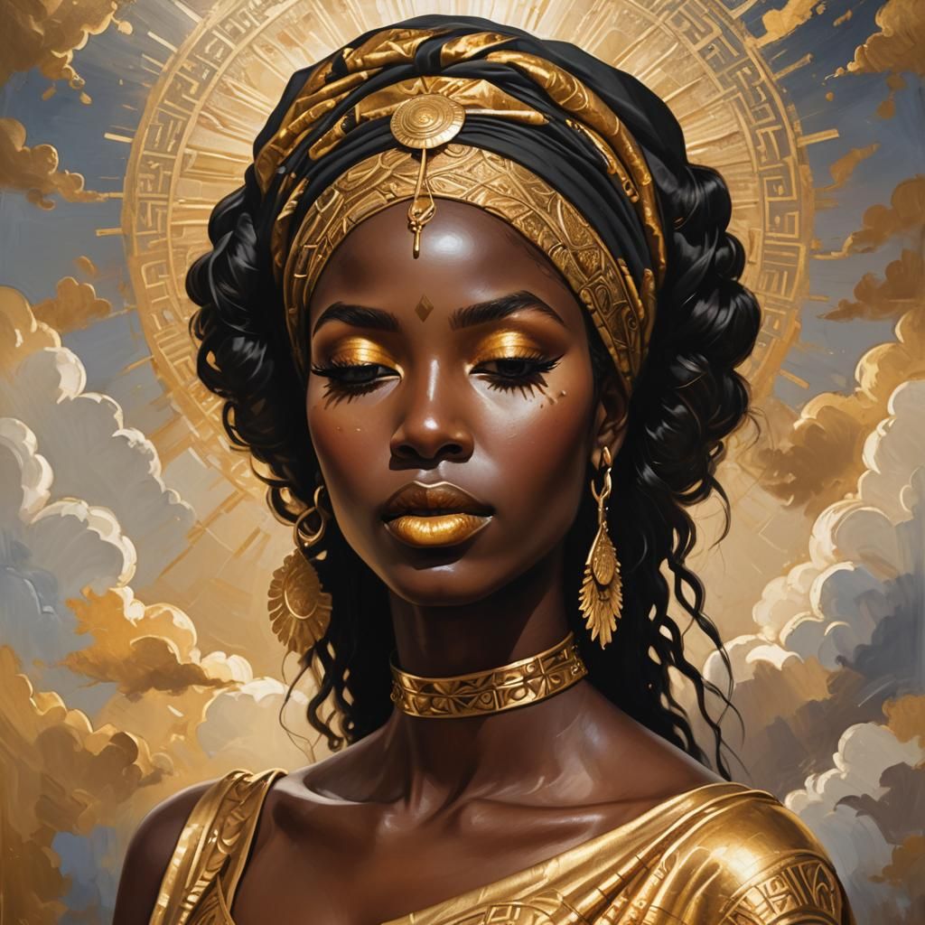 Divine Oil Painting: Golden Woman in Heavenly Light