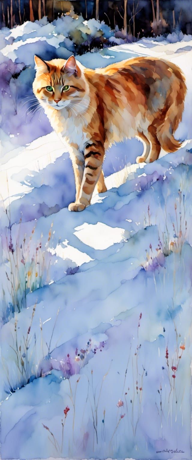 Red Tabby Cat in Snowy Winter Landscape