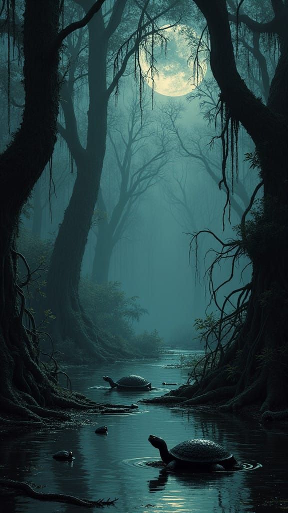 Dark Bayou Scene with Snakes, Turtles, and Moonlit Cypress T...