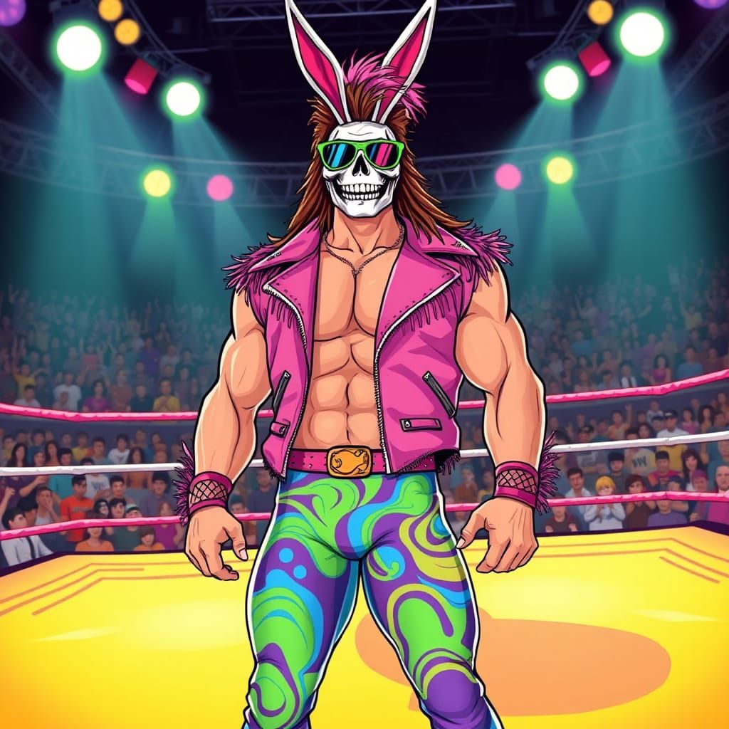 A wrestler in a wrestling ring he has jelly bean pattern on his wrestling tights, a pink punk jacket with blank fringes,...