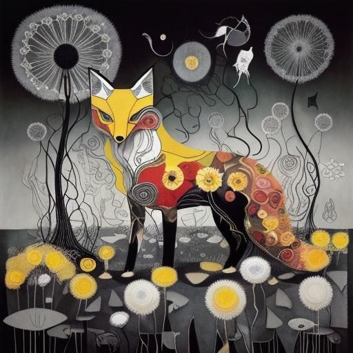 Floral Fox Photogram in Surreal Dandelion Dreamscape