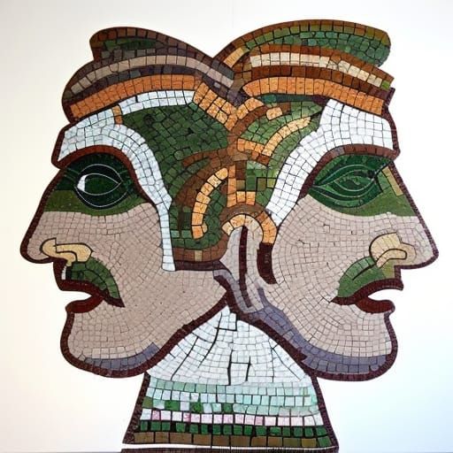 Two-Faced Roman God Janus in Mosaic Style