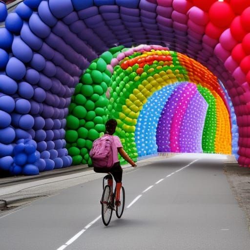 Cyclist Rides Through Multicolored Balloon Tunnel