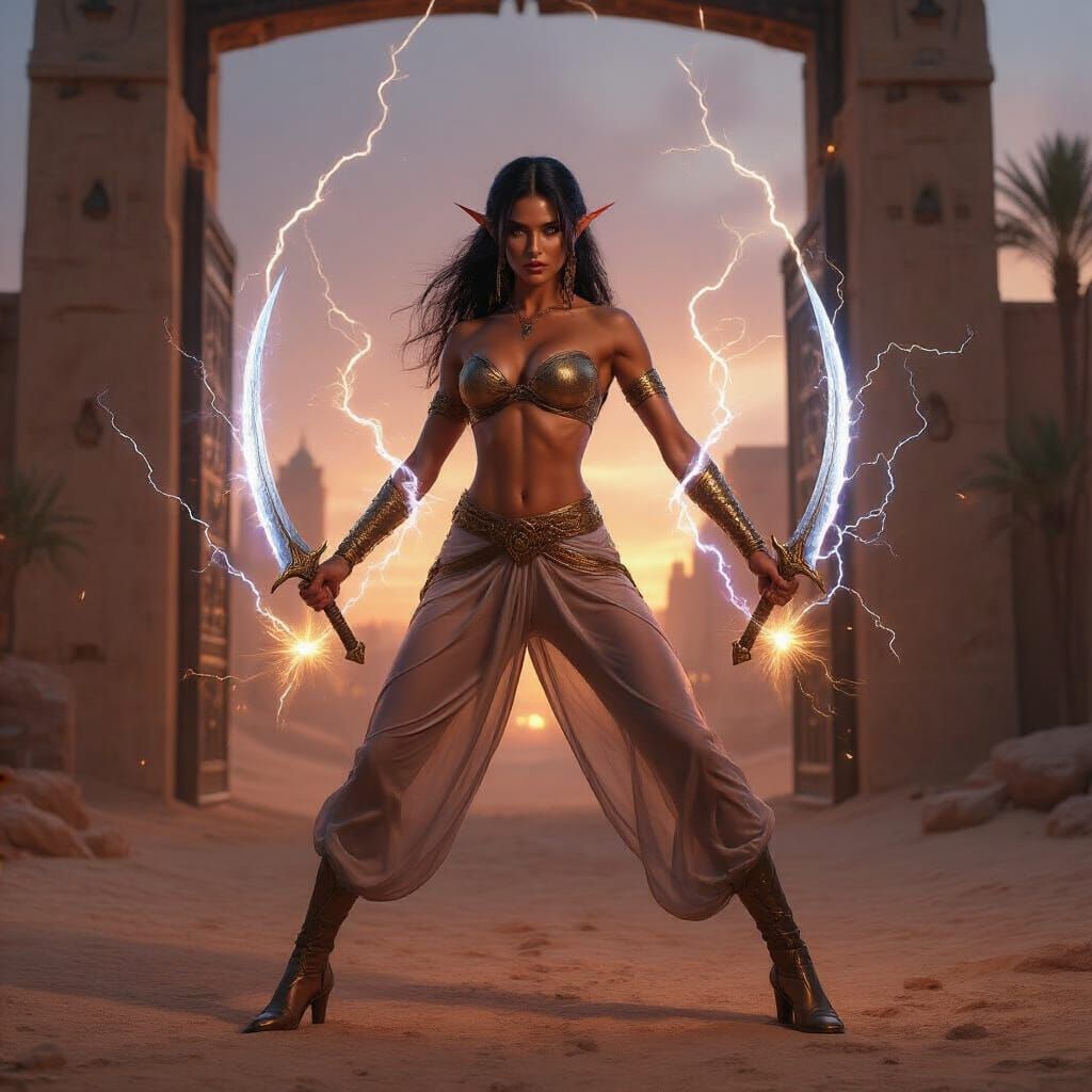Elf Goddess with Scimitars at Desert City Gate