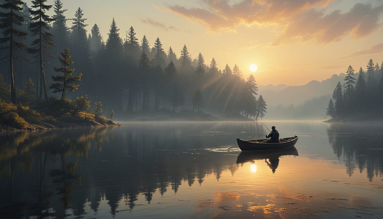 Serene Fisherman's Boat on Misty Dawn Lake