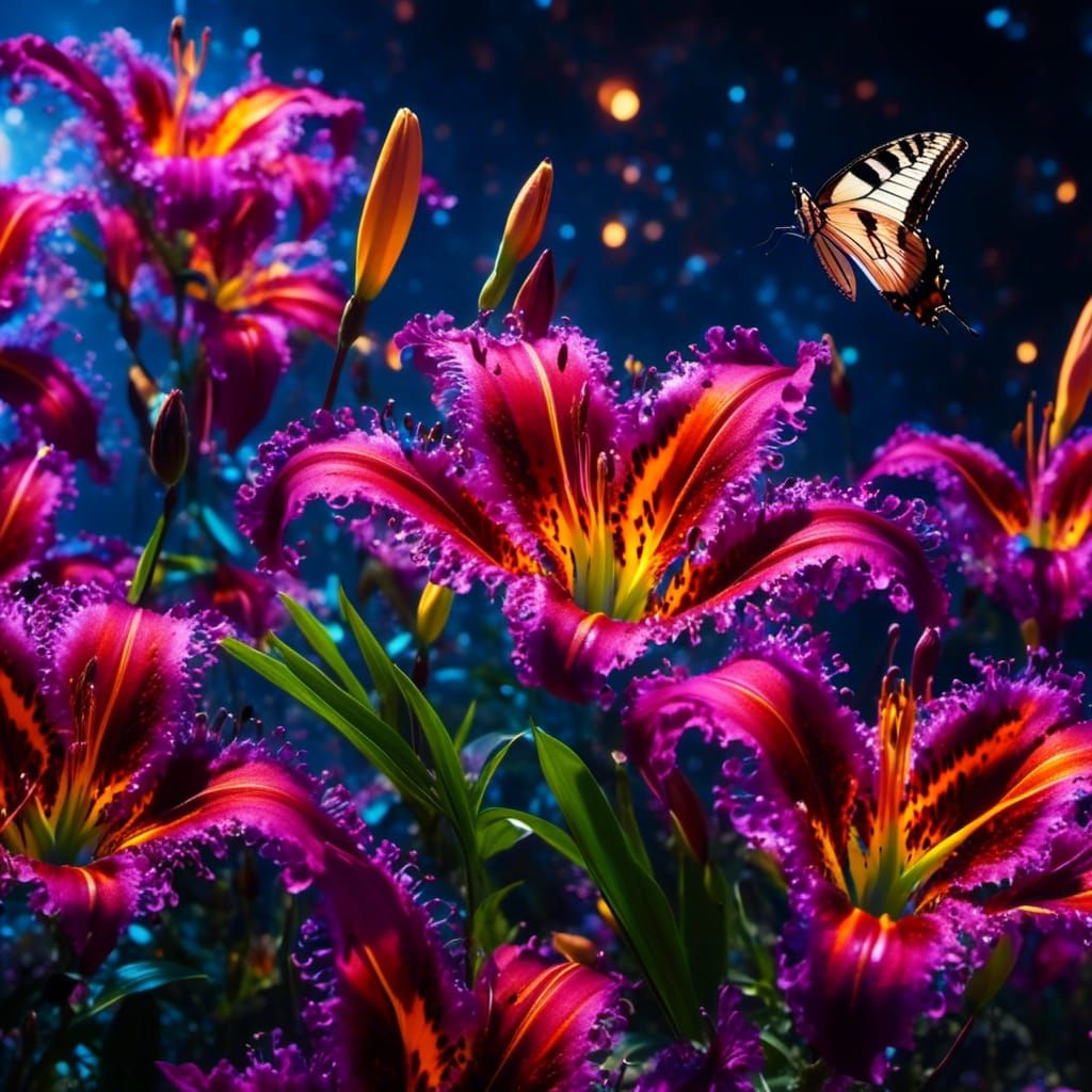 Backlit Lilies Explosion with Butterfly