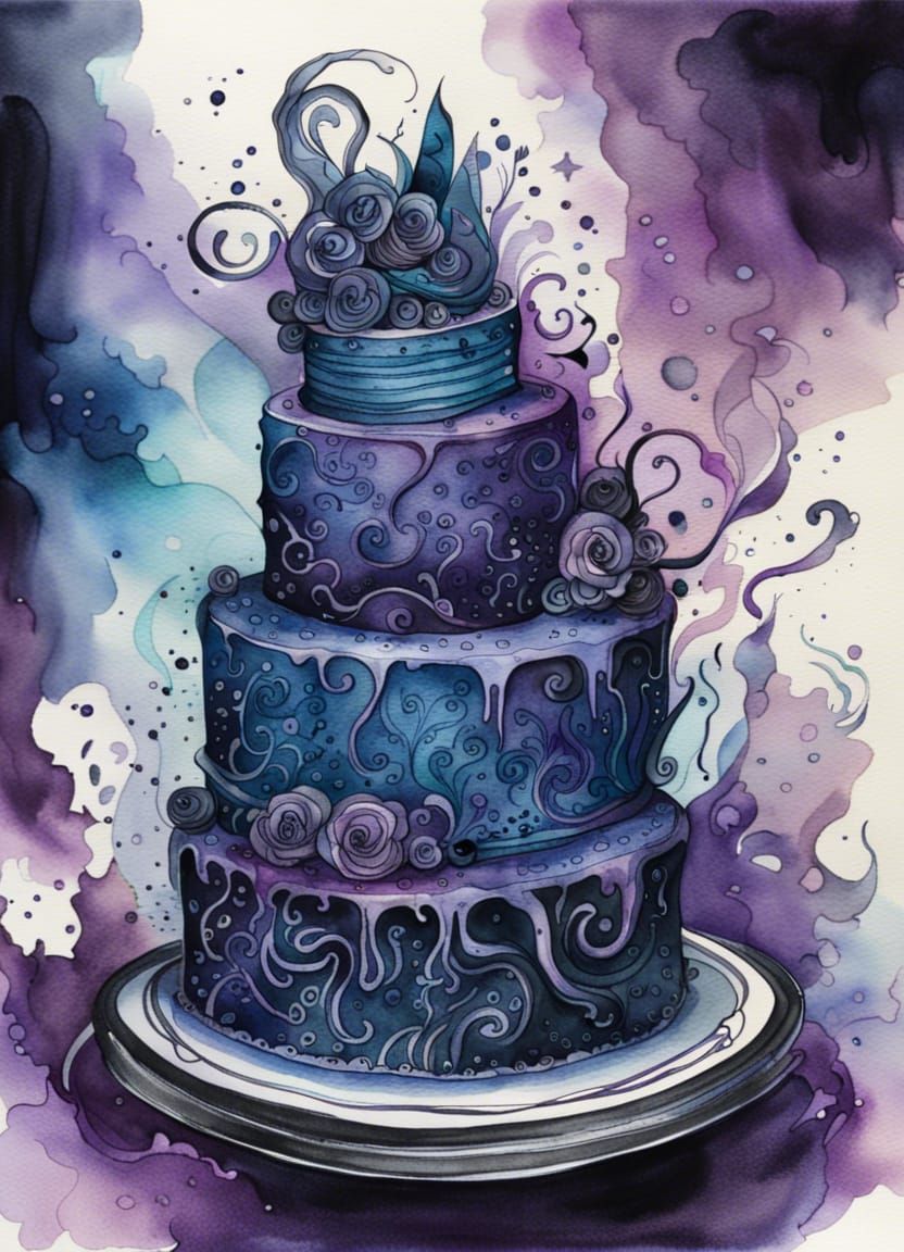 Fantasy Goth Cake in Watercolor Ink Painting