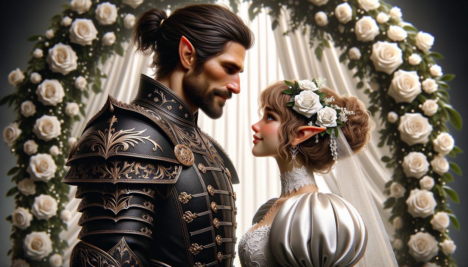 Ranger and Elf Wedding Under White Rose Arch