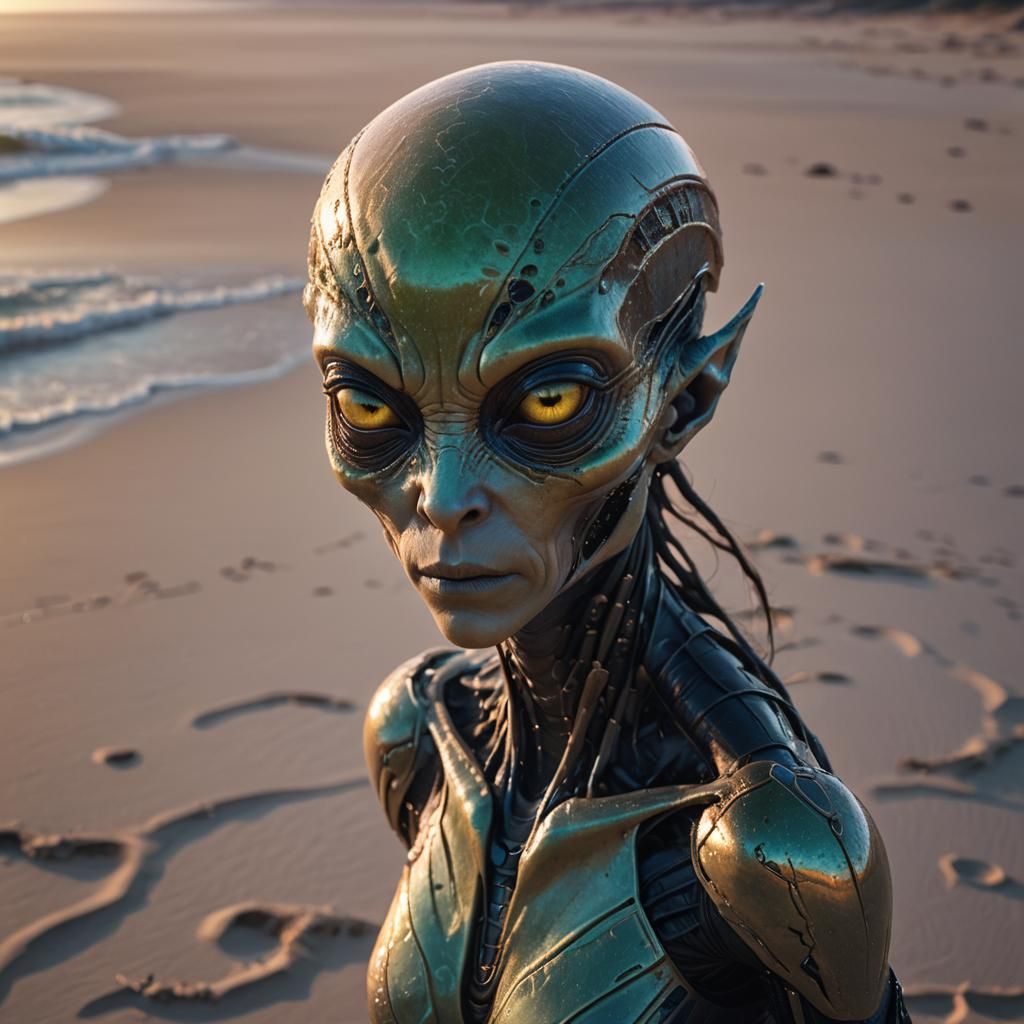 Alien on Desolate Beach: Hyperrealistic Digital Art