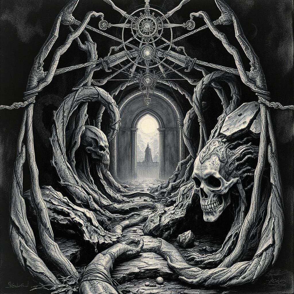 Alchemic Labyrinth in a Haunting Cosmic Horror Style