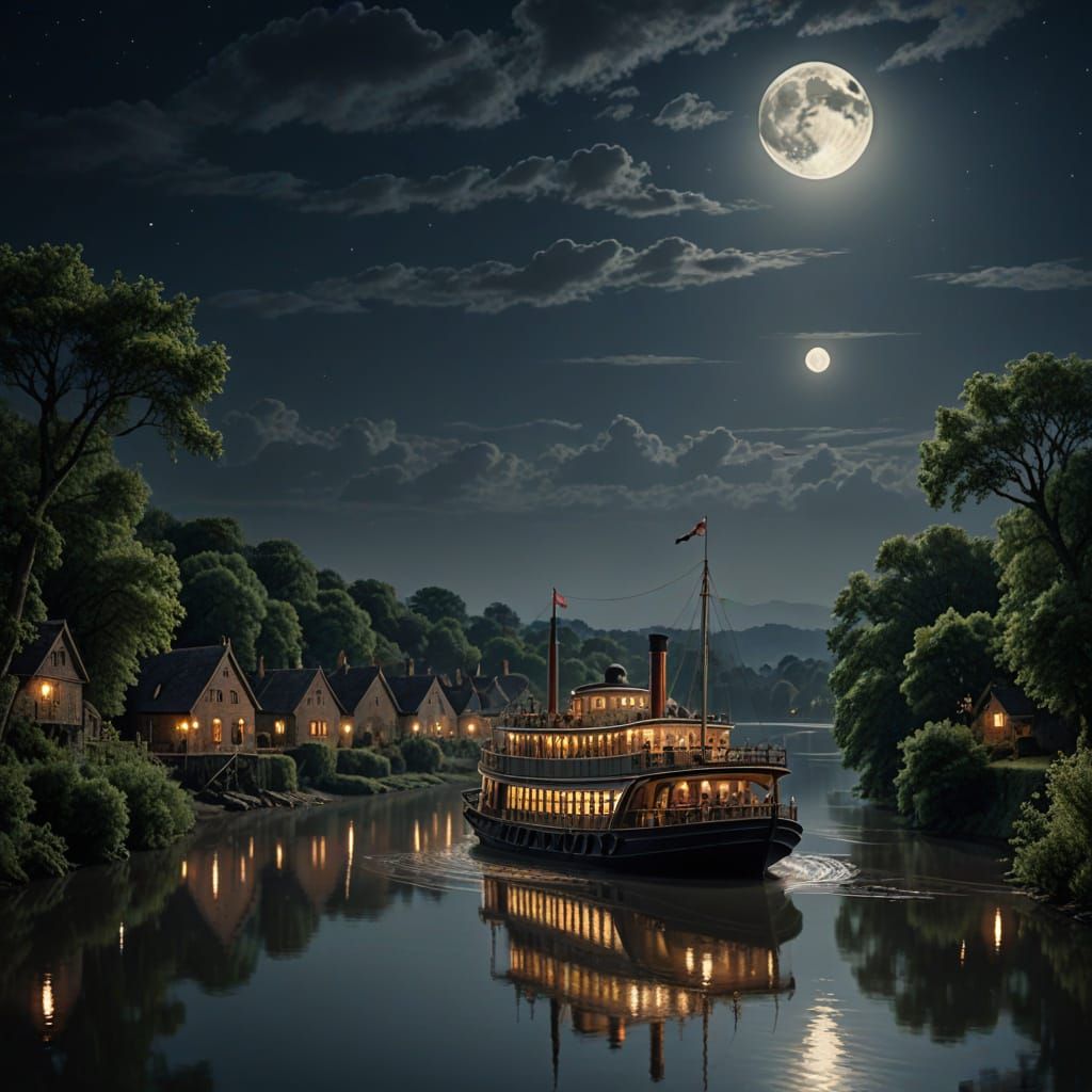 19th Century Paddle Steamer at Night