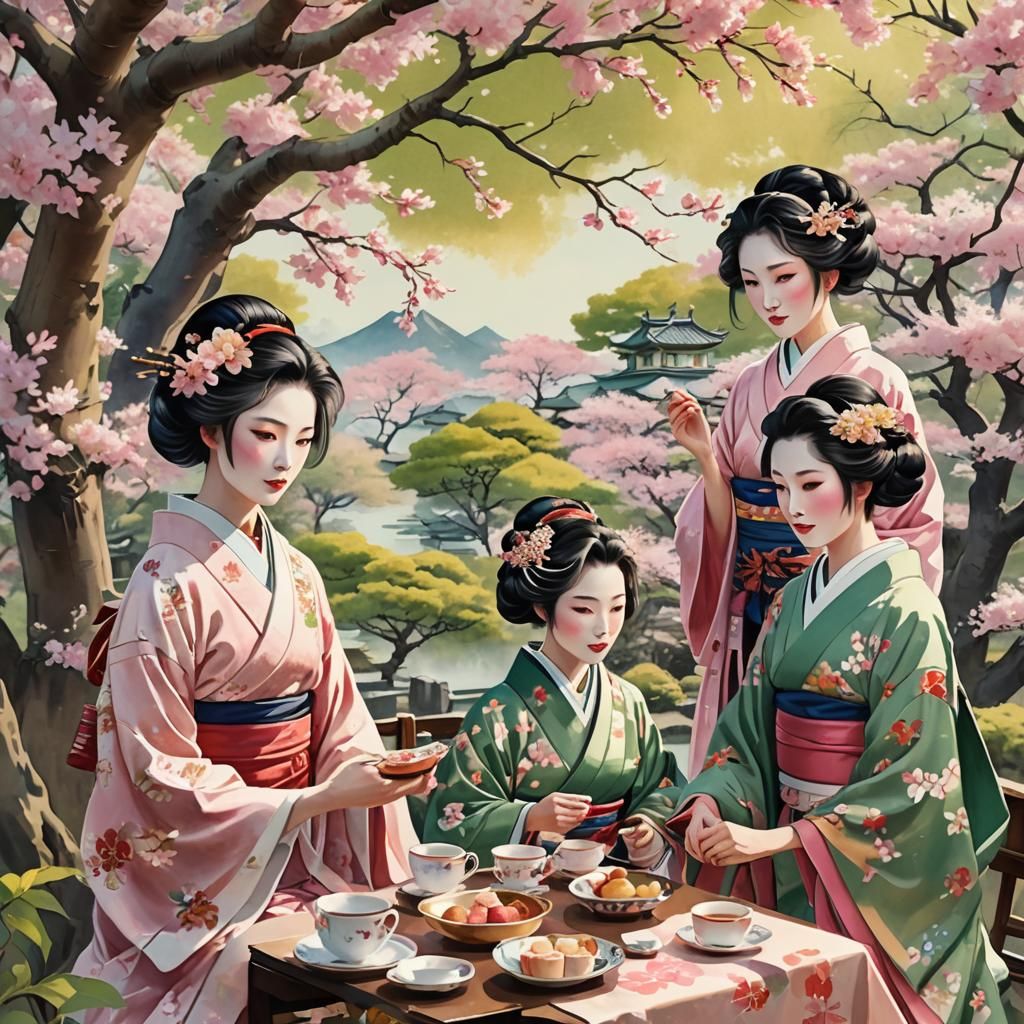 Geisha Tea Party in Cherry Blossom Forest