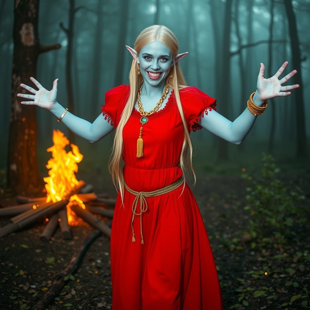 Blue-Skinned Woman Dancing in Foggy Forest