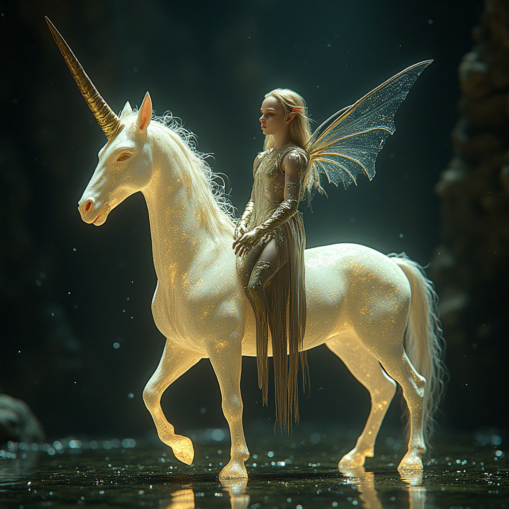 Luminous Elf on Unicorn in Underwater Fantasy Art