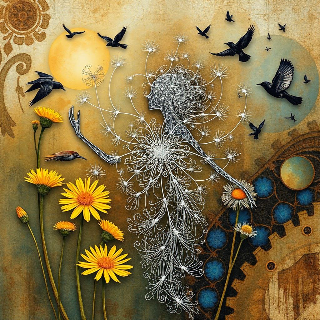 Ethereal Silver Being Radiates Iridescent Glow Amidst Dandel...