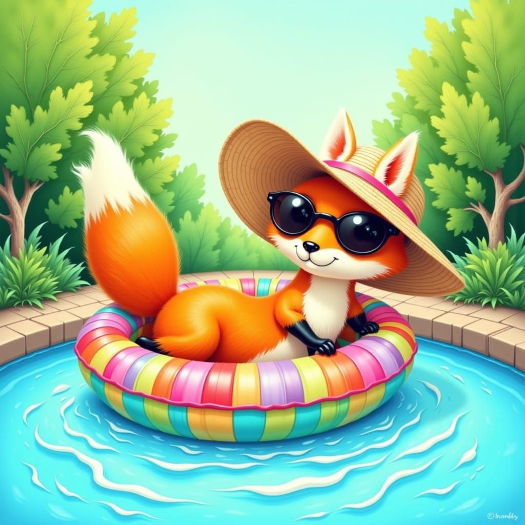 Fox Lounging in Pool: Whimsical Illustration