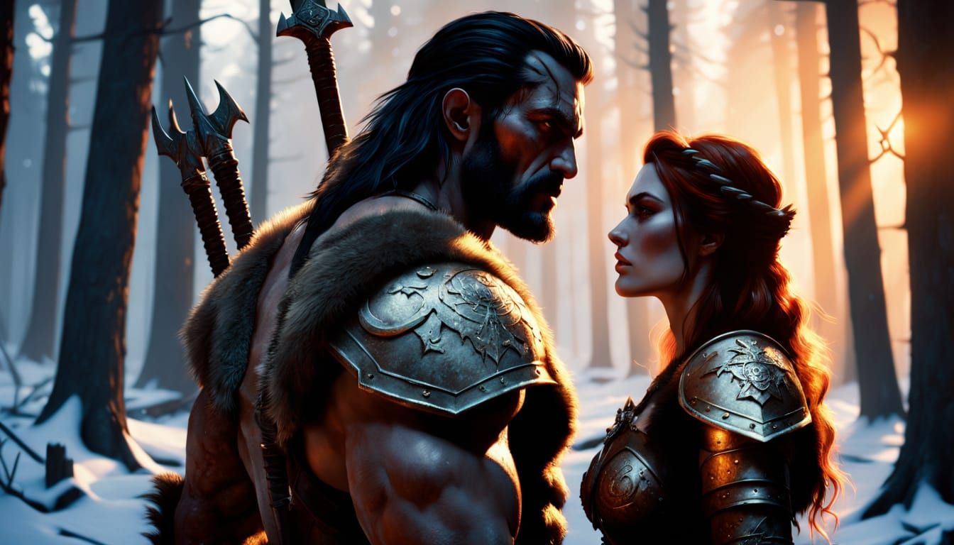 Barbarian Couple in Snowy Forest: Hyper-Realistic Digital Ar...