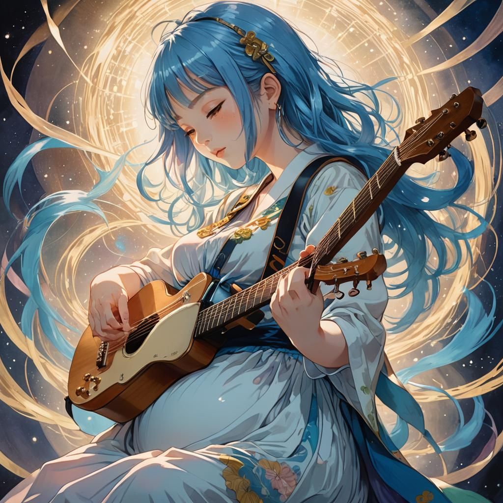 Pregnant Musician Portrait in Japanese Anime Style