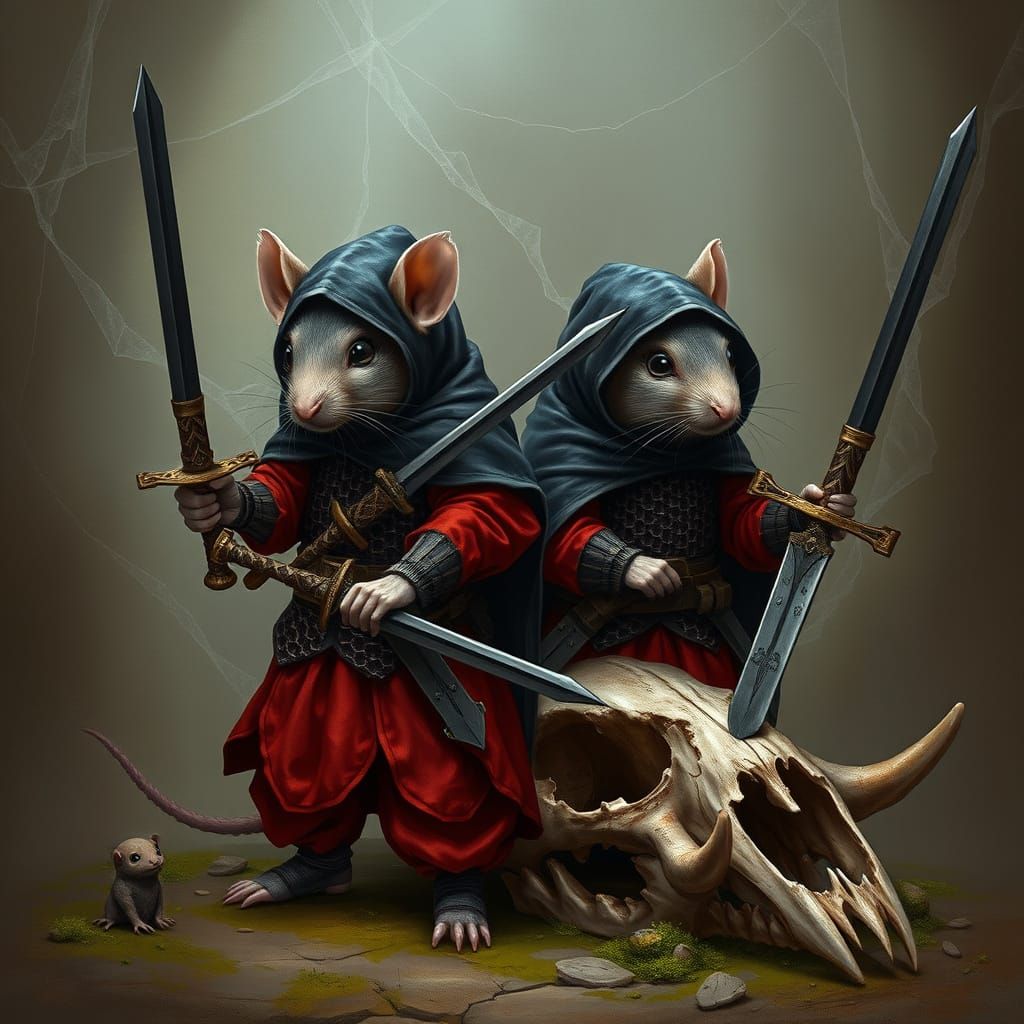 Mice in Chainmail Armor, Sword in Hand, against Ancient Skul...