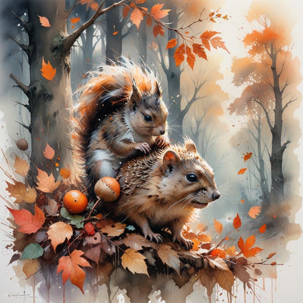 Hedgehog and Squirrel Share Acorn in Autumn Gouache