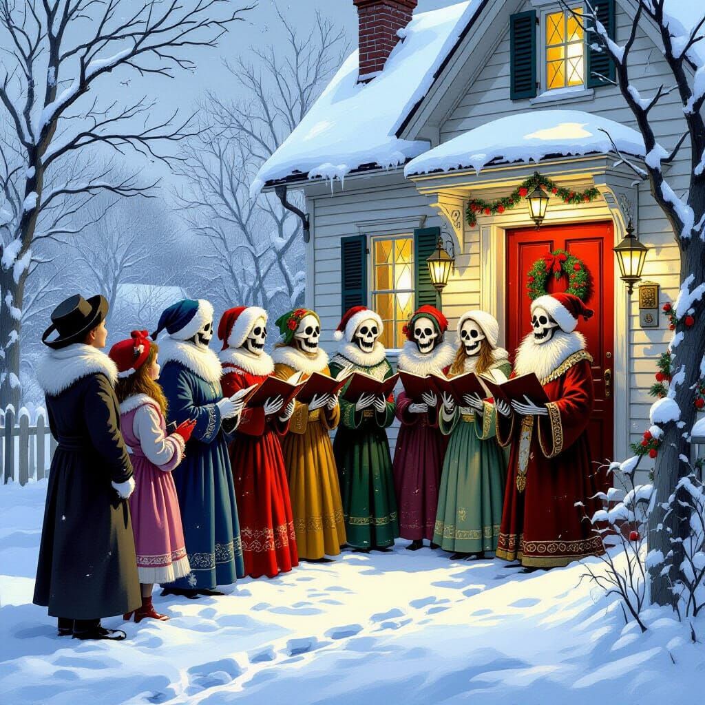 Skeleton Carolers Entertain Polite Family in Snowy Surrealis...