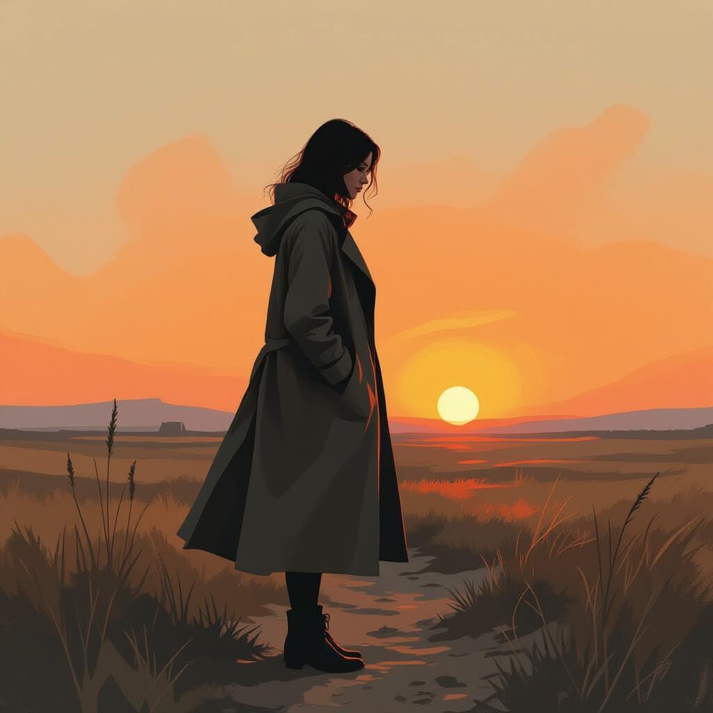 Solitary Woman in Desolate Sunset Landscape