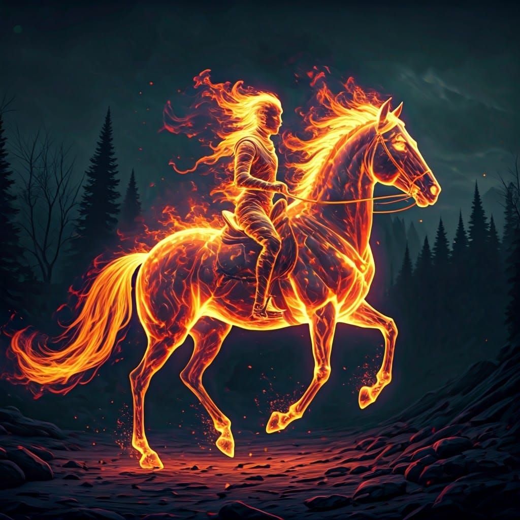 Fiery Horse and Rider Galloping Through Darkness