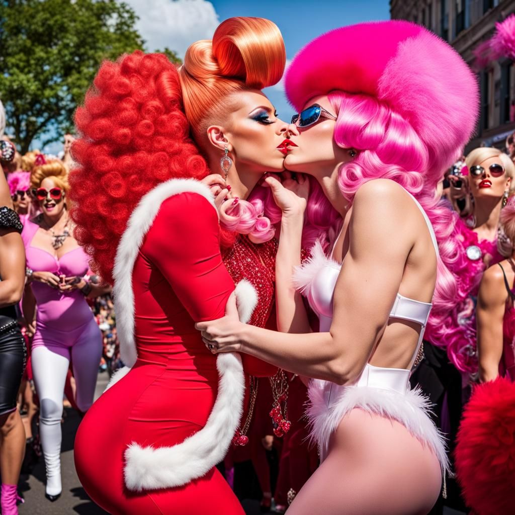 Hyperrealistic Drag Queens Kissing at Pride Parade