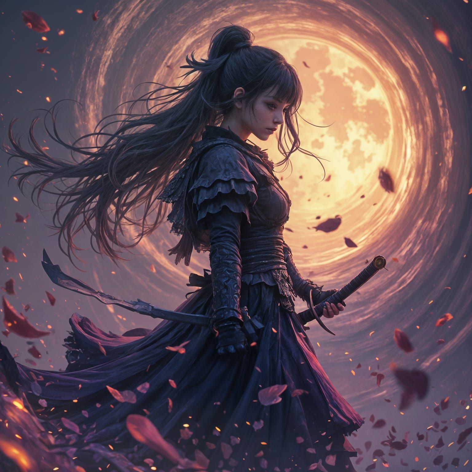 Ethereal Dark Fantasy Samurai Maiden in Vibrant Hues