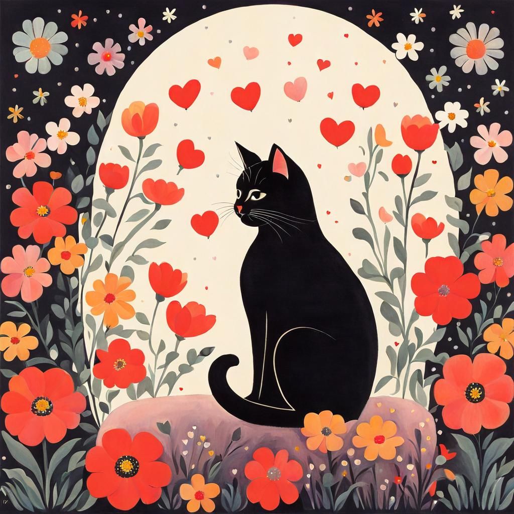 Cute Cat with Flowers, Illustrated in Mid-Century Style
