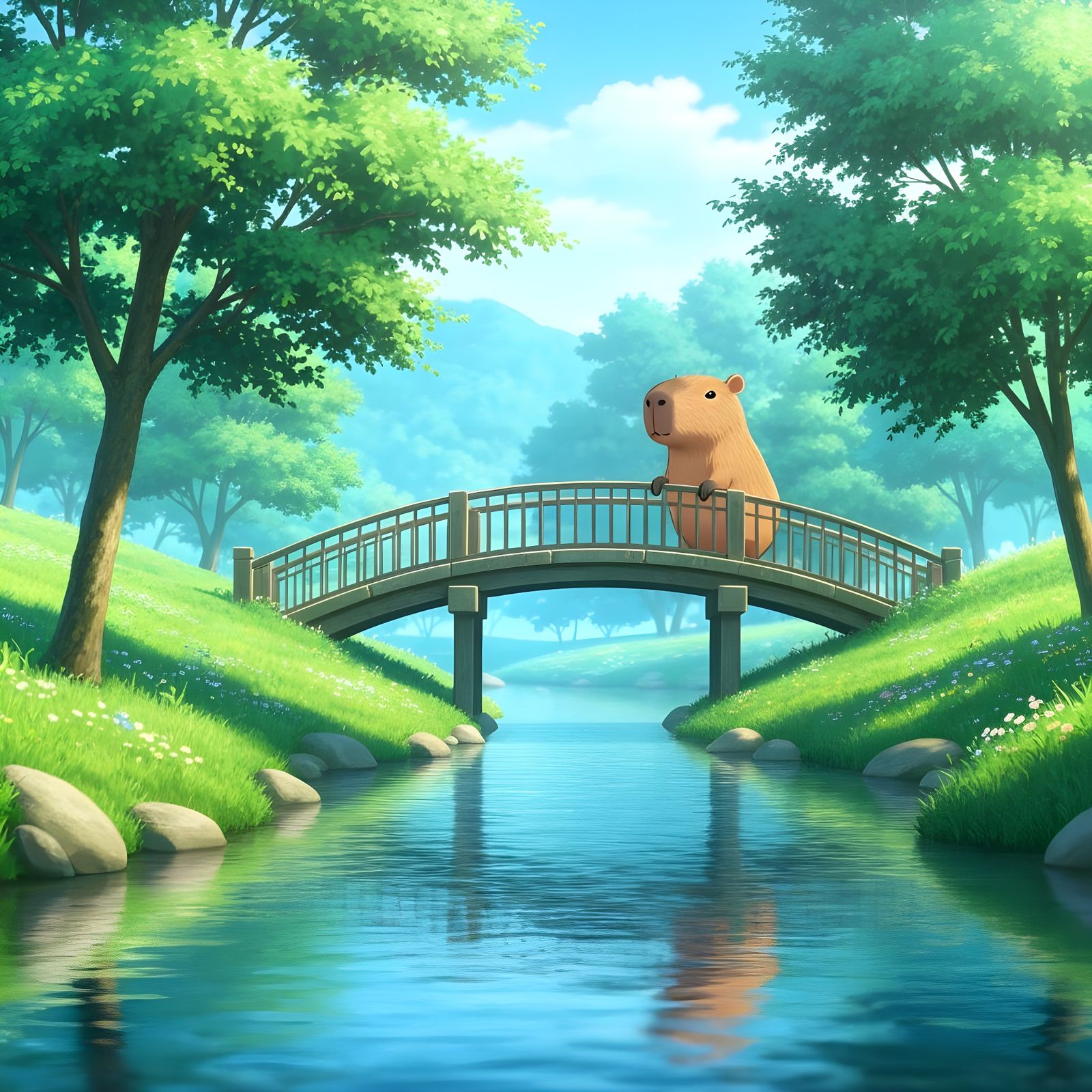 Capybara Fishing by River: 3D Anime Art