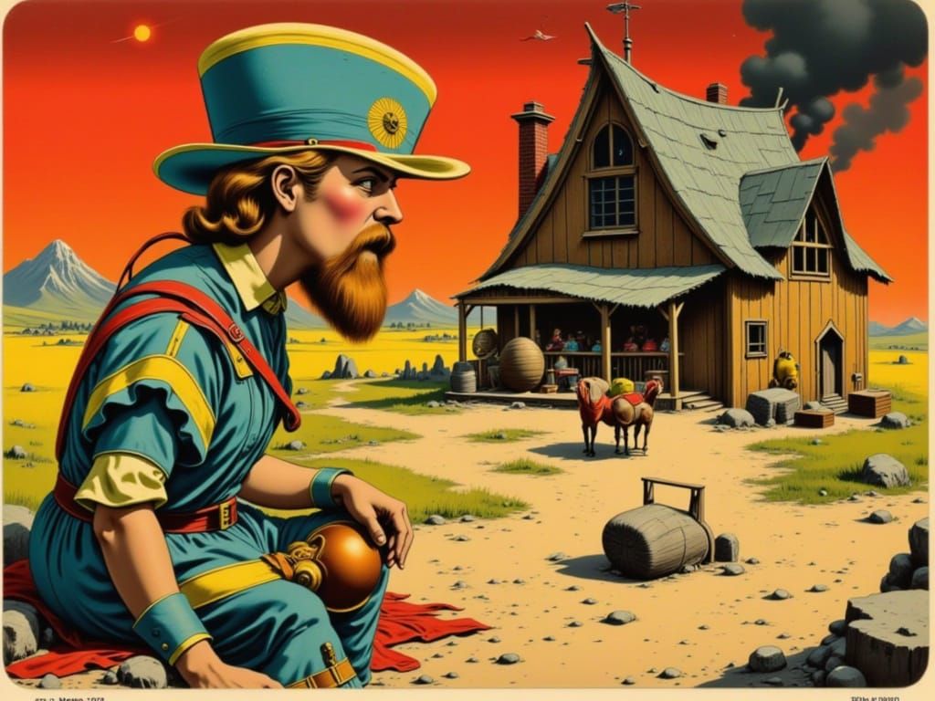 Burning Hut: Medieval-Inspired Illustration in Vintage Futur...